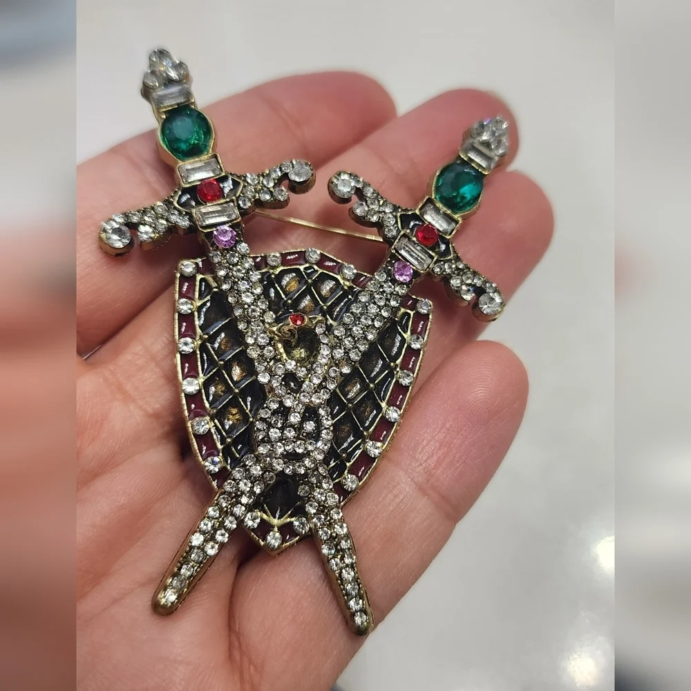 Green and Red Jeweled Sword Brooch